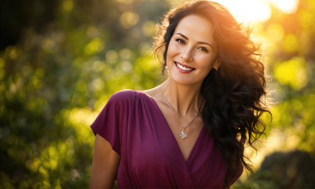 Ai generated. Illustration. A middle-aged woman with natural makeup highlighting her natural beauty. be in nature. bright and fresh skin. Her smile and confident look emphasize her attractiveness. naturalness and confidence in your beauty at any age.の素材