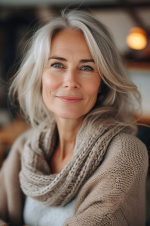 Ai generated. Illustration. A middle-aged woman with natural makeup highlighting her natural beauty. cozy home environment. Bright light skin. A smile and a confident look emphasize attractiveness. naturalness and confidence in your beauty at any ageの素材