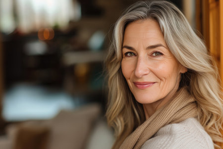 Ai generated. Illustration. A middle-aged woman with natural makeup highlighting her natural beauty. cozy home environment. Bright light skin. A smile and a confident look emphasize attractiveness. naturalness and confidence in your beauty at any ageの素材