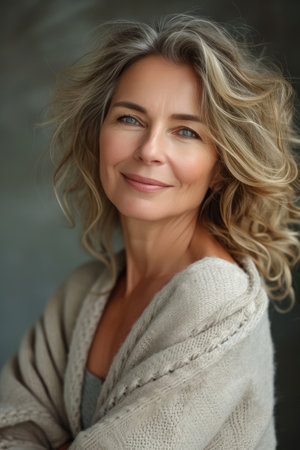 Ai generated. Illustration. A middle-aged woman with natural makeup highlighting her natural beauty. cozy home environment. Bright light skin. A smile and a confident look emphasize attractiveness. naturalness and confidence in your beauty at any ageの素材