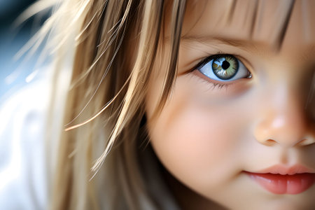AI generated. Illustration. Cute baby face with big eyes. Beautiful girl with wide open eyes. Babys head close-up. 4-5 year old child looks directly at camera. Model appearance.の素材