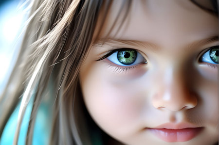 AI generated. Illustration. Cute baby face with big eyes. Beautiful girl with wide open eyes. Babys head close-up. 4-5 year old child looks directly at camera. Model appearance.の素材