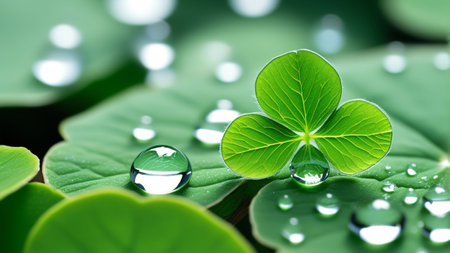 AI generated. Illustration. Green petal with water drops. Plant leaf texture. Macro. Super close-up. Purity and freshness of nature. Background.の素材