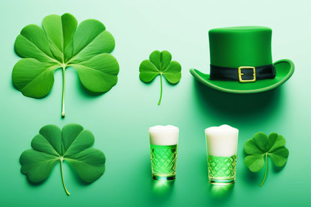 AI generated. Illustration. Symbols of holiday St. Patricks Day. Hat, shamrock, drink. Abstract background.の素材