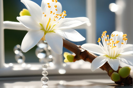 AI generated. Spring in nature. Blooming white sakura or apple tree flower close-up. Spring background.の素材