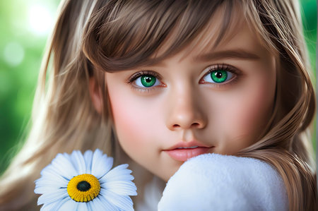 Portrait of charming little girl with big green eyes. Childhood. Beautiful baby with perfect skin. Model appearance. Close-up.の素材