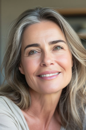 Natural female beauty. Elderly woman with white hair with confident look in cozy home environment. Clear clean skin. Well-groomed and neat adult woman with minimal makeup. Good looking.の素材