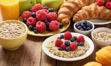 Healthy breakfast. Vibrant photo of table full of fresh fruit, oatmeal and healthy croissants. Balanced diet. Importance of proper nutrition for adults and children.の素材