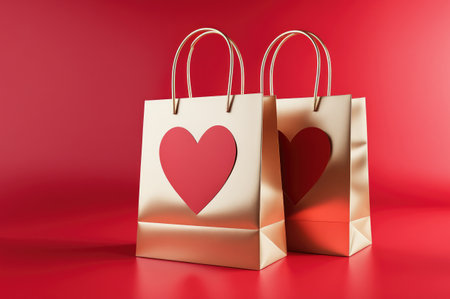 This image features a golden shopping bag with a heart-shaped cutout, set against a vibrant red backdrop, invoking feelings of love and the theme of gift-giving.の素材