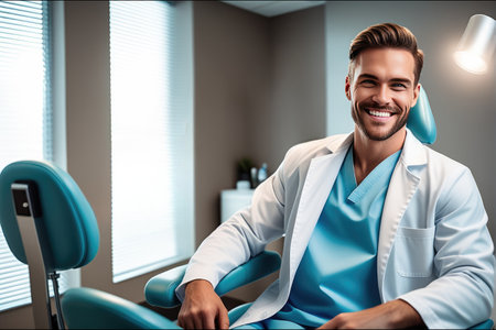 A man in a dental chair smiles as he undergoes a dental procedure.の素材