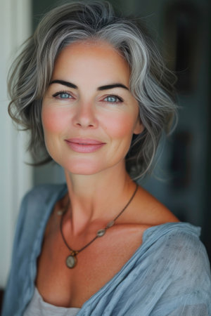 Natural beauty. Beautiful elderly woman with good facial skin. Beautiful middle-aged Caucasian woman. model appearance. Healthy skin. Rejuvenation. Proper nutrition.の素材