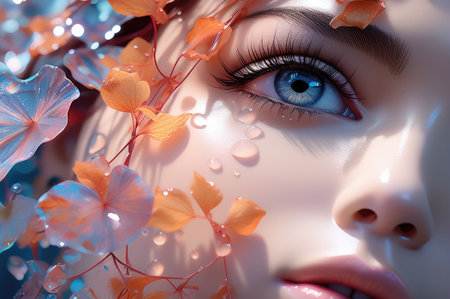 Face of artificial woman with beautiful eyes close-up. Artificial beauty. Background.の素材