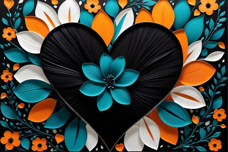 Flower petals are arranged in shape of heart. Layout of greeting card. Aesthetics and minimalism. Color harmony. Black Heart. Abstract background.の素材