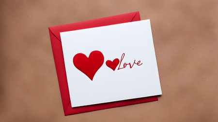 Postcard for congratulations on Valentines Day. Envelope with heart and inscription love. Minimalism and aesthetics. Sincere confession.の素材