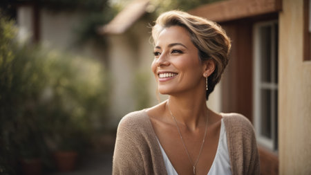 Portrait of happy middle-aged woman. Beautiful woman smiles outside against backdrop of private house. Good mood. Positive woman.の素材