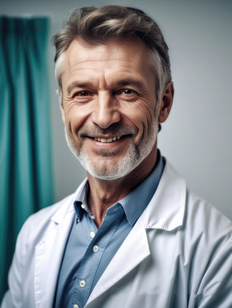 Portrait of 55-60 year old doctor in white medical coat. Doctor at medical clinic smiles.の素材