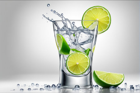 Chilled clear drink in glass with lime wedges and pieces of ice. Studio advertising photo of drink on gray background. Splashes and freshness.の素材