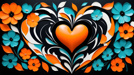 Flower petals are arranged in shape of heart. Layout of greeting card. Aesthetics and minimalism. Color harmony. Black Heart. Abstract background.の素材