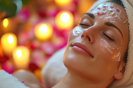 Beautiful girl enjoys facial treatments in spa salon. Close-up of womans face in cream. Scented candles on blurred background.の素材