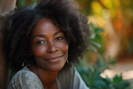 Portrait of middle aged African American woman with beautiful healthy skin. Beautiful happy woman 50-60 years old smiling.の素材