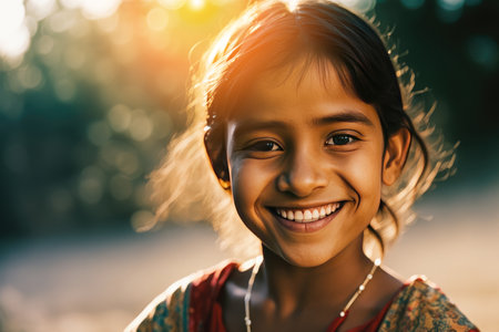 Portrait of Indian girl 8-10 years old in cinematic light at sunset. Happy child. Sincere smile. Clear face.の素材