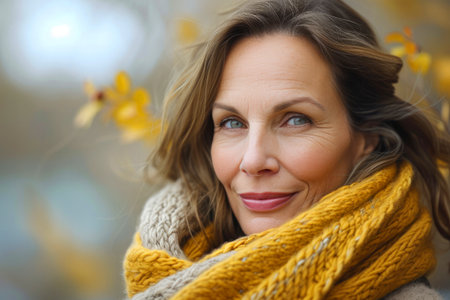Beautiful middle-aged woman in yellow knitted scarf in autumn park. Close-up portrait of Caucasian woman 55-60 years old. Fashion. Autumn collection.の素材