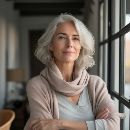 Natural female beauty. Elderly woman with white hair with confident look in cozy home environment. Clear clean skin. Well-groomed and neat adult woman with minimal makeup. Good looking.の素材