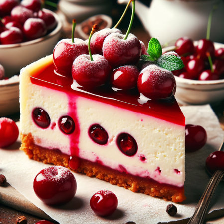 Cheesecake with cherries and mint. toning. selective focusの素材
