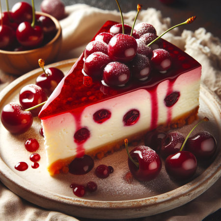 Cheesecake with cherries on a plate, selective focus.の素材