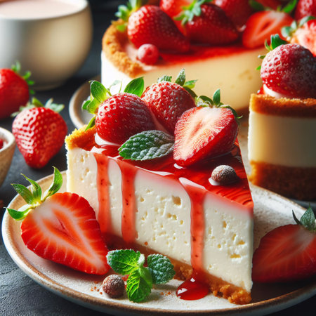 Cheesecake with fresh strawberries and mint on a plate. Square imageの素材