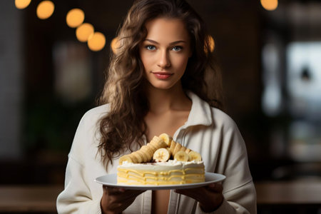 beautiful young woman holding plate with delicious cake at cafe or restaurantの素材