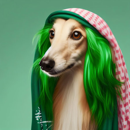 Portrait of an Afghan hound dog with green hair in a green scarfの素材