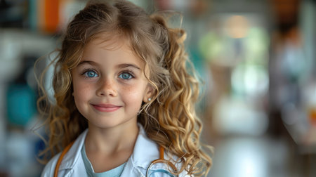 A young girl with curly hair smiles while dressed in a white doctor's coat with a stethoscopeの素材