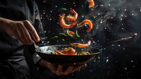 A chef showcasing culinary finesse by flipping colorful ingredients from a hot panの素材