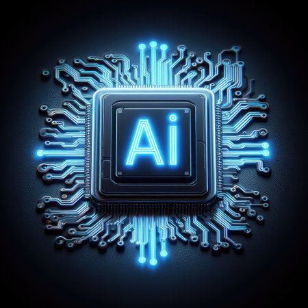 An illuminated AI microchip embedded in circuits, symbolizing advanced technology and futuristic conceptsの素材