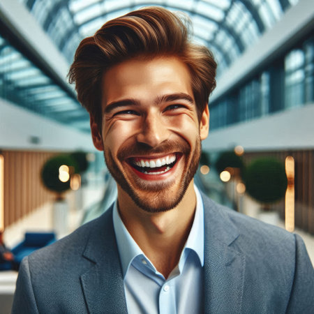 A cheerful businessman in a light gray suit stands in a bright modern office hallway, embodying positivity, professional success, and motivational energy.の素材
