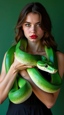 A striking image depicts a woman with bold red lips, confidently holding a large vibrant green snake around her shoulders. The green backdrop enhances the intensity and allure.の素材