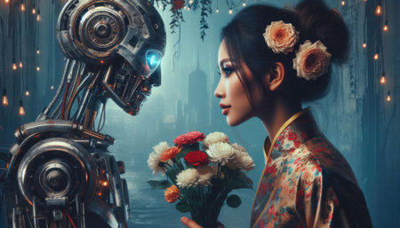 A stunning artwork showing a futuristic robot presenting a colorful bouquet of flowers to an individual dressed in traditional kimono, set in a serene and evening-lit environment, blending history with technology.の素材