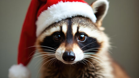This close-up image showcases a charming raccoon wearing a red Santa hat, embodying the holiday spirit with its endearing expression, making it perfect for festive occasions and greetings.の素材