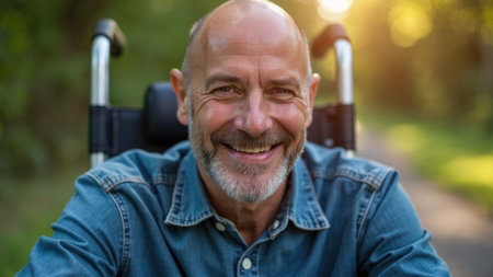 An elderly man with a beard, seated in a wheelchair, smiles warmly while enjoying the serene green park outdoors, radiating calmness and contentment in nature.の素材