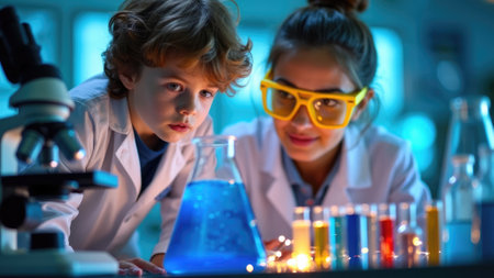 A young boy and girl, dressed in lab coats and goggles, are deeply engaged in conducting scientific experiments with test tubes and beakers of colorful chemicals in a lab setting.の素材