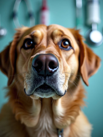 A golden retriever is seen from the back in a veterinary clinic, with medical instruments in the background indicating a routine check-up or medical examination for pets.の素材