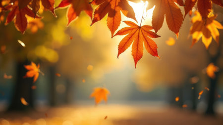 A serene autumn scene with brightly colored leaves falling gently from trees, illuminated by warm sunlight casting a golden hue on everything, evoking calm and peace.の素材