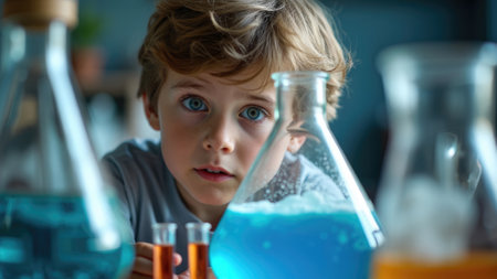 A young boy with attentive eyes is observantly looking at beakers containing blue liquid, showing his curiosity and engagement in science experiments in a laboratory environment.の素材