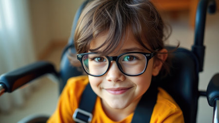 A young child wearing glasses is seated in a wheelchair, positioned in a brightly lit indoor setting, evoking a sense of innocence, determination, and perseverance.の素材