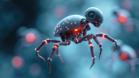 A close-up of a futuristic robotic spider featuring glowing red lights in a vibrant blue environment, showing advanced technology and innovation.の素材