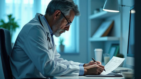 Image shows a doctor writing detailed notes in a modern office setting, working late into the night with concentrated effort, depicting the dedication and thoroughness required in medical practice.の素材