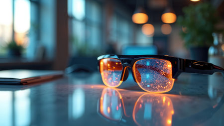 A pair of modern, sleek black glasses with striking reflective orange lenses, placed stylishly on a contemporary table against a vibrant background, highlighting a blend of functionality and fashion.の素材