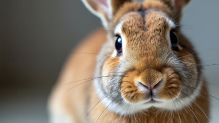A close-up image captures the face and whiskers of a brown rabbit as it looks directly at the camera, showing its expressive and adorable features in a detailed shot.の素材