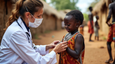 A female doctor in a white coat is seen providing healthcare assistance to a young child, reflecting compassionate and essential medical care in a rural village setting with a focus on community welfare.の素材